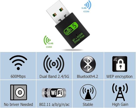 KARTA SIECIOWA KLUCZ USB BLUETOOTH 4.2 WIFI 2,4G/5G 600 Mb/s