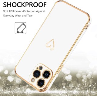 ETUI APPLE IPHONE 14 PRO MAX SILIKONOWE BIAŁE ZŁOTA RAMKA SERDUSZKO GLAMOUR