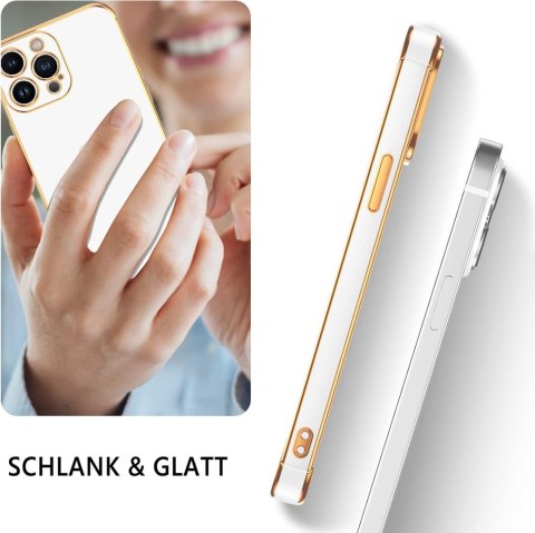 ETUI APPLE IPHONE 14 PRO MAX SILIKONOWE BIAŁE ZŁOTA RAMKA SERDUSZKO GLAMOUR