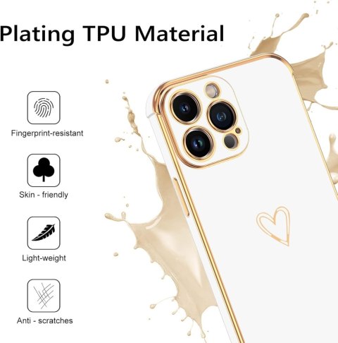 ETUI APPLE IPHONE 14 PRO MAX SILIKONOWE BIAŁE ZŁOTA RAMKA SERDUSZKO GLAMOUR