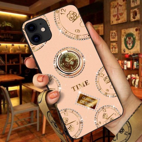 ETUI APPLE IPHONE 11 CASE BEŻOWY SREBRNE CYRKONIE ZŁOTY UCHWYT GLAMOUR