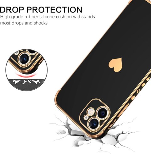 ETUI APPLE IPHONE 12 SILIKONOWE CZARNE ZŁOTA RAMKA SERDUSZKO +UCHWYT A2172