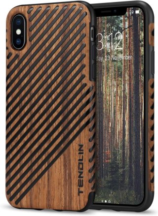 ETUI APPLE IPHONE XS/X SILIKONOWY DREWNIANY CZARNE PASKI +SZKŁO HARTOWANE