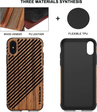 ETUI APPLE IPHONE XS/X SILIKONOWY DREWNIANY CZARNE PASKI +SZKŁO HARTOWANE