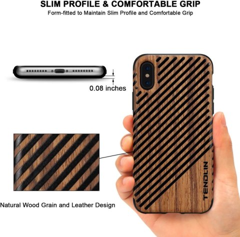 ETUI APPLE IPHONE XS/X SILIKONOWY DREWNIANY CZARNE PASKI +SZKŁO HARTOWANE