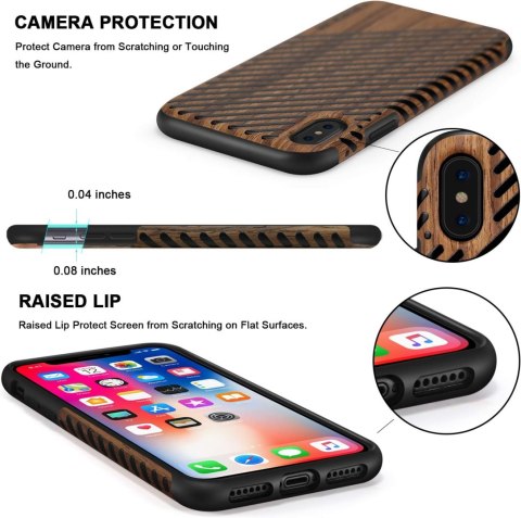 ETUI APPLE IPHONE XS/X SILIKONOWY DREWNIANY CZARNE PASKI +SZKŁO HARTOWANE