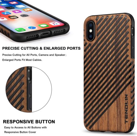 ETUI APPLE IPHONE XS/X SILIKONOWY DREWNIANY CZARNE PASKI +SZKŁO HARTOWANE