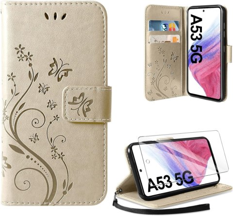 ETUI SAMSUNG GALAXY A53 5G CASE ZŁOTY Z KLAPKĄ +2x SZKŁO HARTOWANE