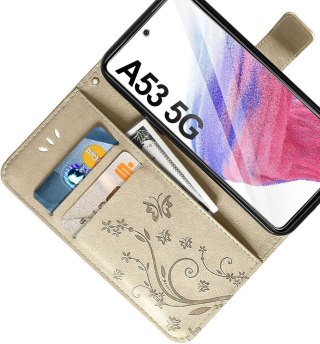 ETUI SAMSUNG GALAXY A53 5G CASE ZŁOTY Z KLAPKĄ +2x SZKŁO HARTOWANE