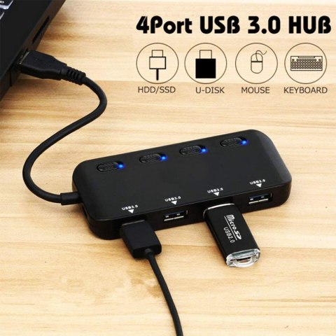 USB 3.0 HUB 4-PORTOWY DIODY LED CZARNY SMUKŁY