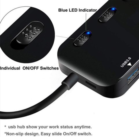 USB 3.0 HUB 4-PORTOWY DIODY LED CZARNY SMUKŁY