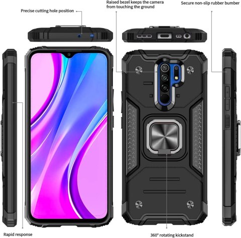 ETUI PANCERNE DO XIAOMI REDMI 9 CZARNE Z RINGIEM +2x SZKŁO HARTOWANE