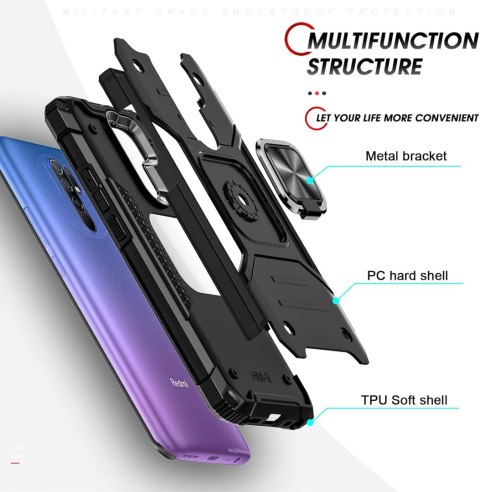 ETUI PANCERNE DO XIAOMI REDMI 9 CZARNE Z RINGIEM +2x SZKŁO HARTOWANE