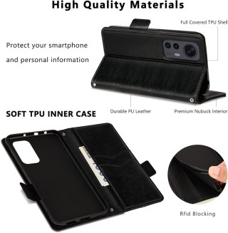 ETUI Z KLAPKĄ ELEGANCKIE XIAOMI 12 LITE Z EKOSKÓRY CZARNE +MIEJSCE NA KARTY