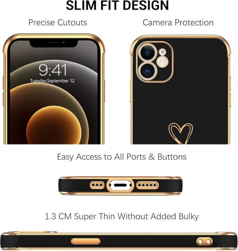 ETUI APPLE IPHONE 12 SILIKONOWE CZARNE ZŁOTE SERDUSZKO GLAMOUR A2172