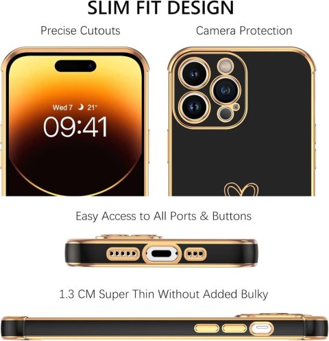 ETUI APPLE IPHONE 14 PRO SILIKONOWE CZARNE ZŁOTE DODATKI SERCE A2890