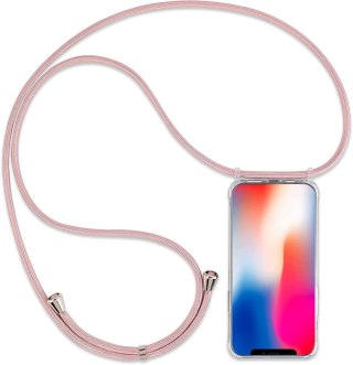 ETUI SILIKONOWE BEZBARWNE APPLE IPHONE X/XS Z RÓŻOWĄ SMYCZĄ SZNURKIEM A1865