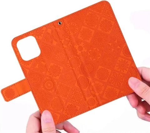 ETUI Z KLAPKĄ EKOSKÓRA APPLE IPHONE 14 PRO CASE POMARAŃCZOWY ORNAMENTY