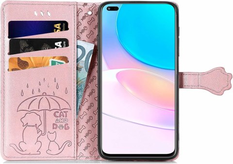 ETUI Z KLAPKĄ HUAWEI NOVA 8i/HONOR 50 LITE ROSE GOLD PIES KOT ŁAPKI