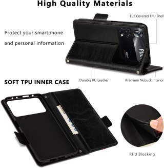 ETUI Z KLAPKĄ XIAOMI POCO X4 PRO EKOSKÓRA CZARNY Z CZERWONYM PASKIEM