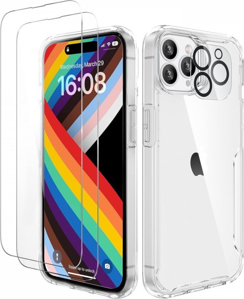 ZESTAW ETUI IPHONE 14 PRO BEZBARWNE +2x SZKŁO HARTOWANE I OCHRONA APARATU