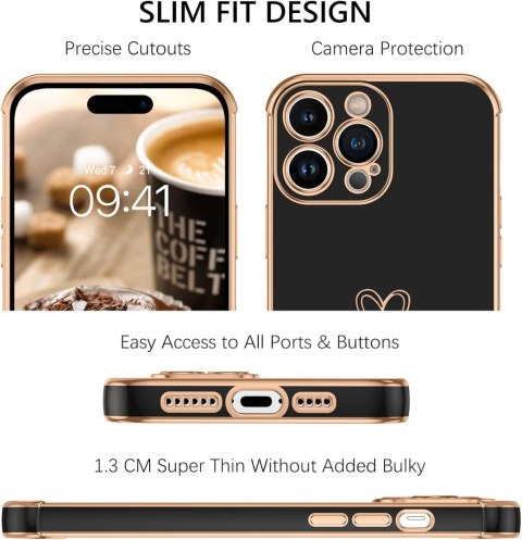 ETUI APPLE IPHONE 14 PRO MAX SILIONOWE CZARNE ZŁOTA RAMKA SERCE A2894 A2651