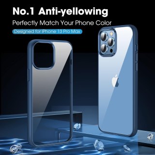 ETUI IPHONE 13 PRO MAX NIEBIESKA RAMKA PRZEZROCZYSTY TYŁ +PODSTAWKA A2484