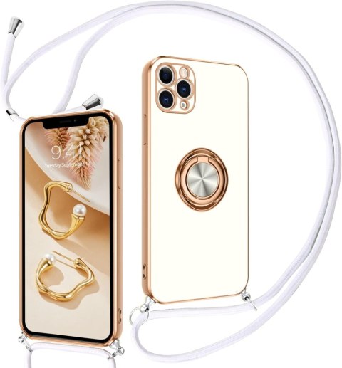 ETUI APPLE IPHONE 11 PRO MAX BIAŁY ZŁOTY SILIKONOWY +SMYCZ RING A2161