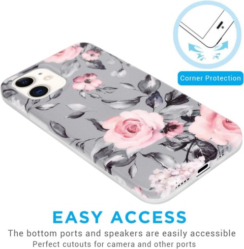 ETUI APPLE IPHONE 12 MINI SILIKONOWE SZARE RÓŻOWE KWIATY A2176 A2398 A2399