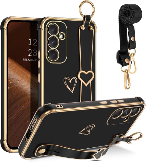 ETUI CASE SAMSUNG GALAXY A34 CZARNY ZŁOTA RAMKA +UCHWYT I SMYCZ