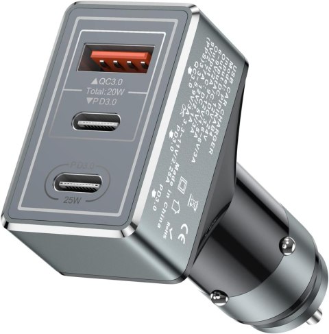 ŁADOWARKA SAMOCHODOWA USB 3-PORTOWA LED DO ZAPALNICZKI 65W