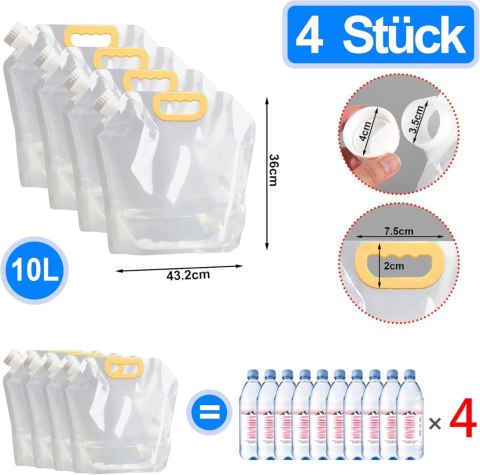 4x BANIAK NA WODĘ 10L POJEMNIK NA KEMPING WYCIECZKI BEZBARWNY Z KORKIEM
