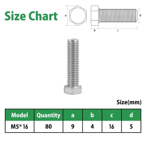 ŚRUBA M5*16MM M5x16MM SZEŚCIOKĄTNA STAL NIERDZEWNA 304 PEŁNY GWINT 80szt