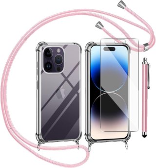 ZESTAW APPLE IPHONE 14 PRO ETUI + SZKŁO HARTOWANE + SMYCZ + RYSIK RÓŻOWY