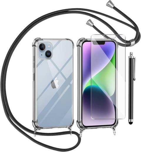 ZESTAW APPLE IPHONE 14 Plus ETUI + SZKŁO HARTOWANE + SMYCZ + RYSIK CZARNY