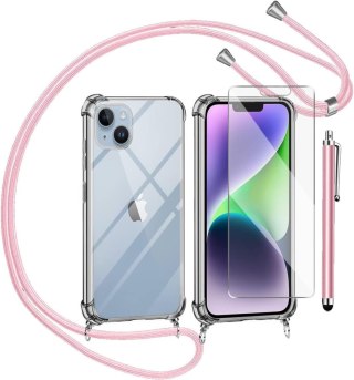 ZESTAW APPLE IPHONE 14 Plus ETUI + SZKŁO HARTOWANE + SMYCZ + RYSIK RÓŻOWY