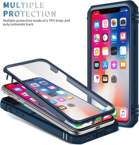 ETUI +2x SZKŁO HARTOWANE APPLE IPHONE X/XS PLASTIKOWE GRANATOWE Z PODSTAWKĄ