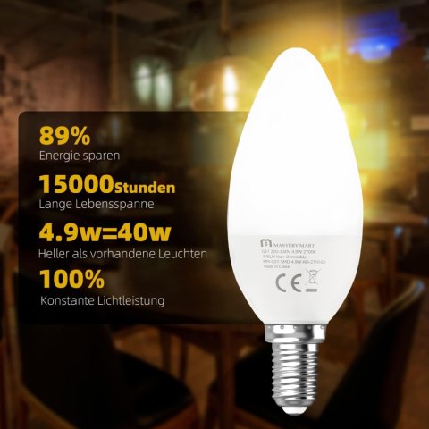 ŻARÓWKI ŚWIECZKOWE LED E14 BIAŁY CIEPŁY 4,9W 2700K 470LM 10szt