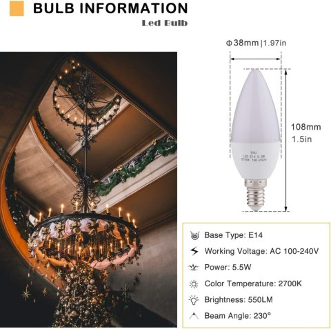 ŻARÓWKI ŚWIECZKOWE LED E14 BIAŁY CIEPŁY 5,5W 2700K 550LM C37 3szt