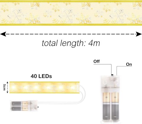WSTĄŻKA DEKORACYJNA 40LED BOŻE NARODZENIE ZŁOTA ŚWIATEŁKA CHOINKA 4m
