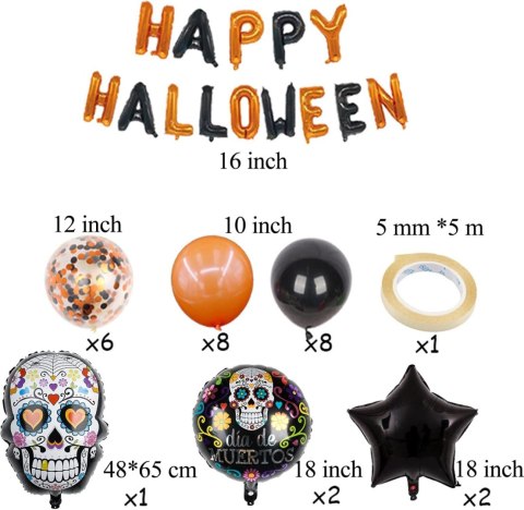 ZESTAW BALONÓW HALLOWEEN IMPREZA GIRLANDA CZASZKA CZARNE POMARAŃCZOWE