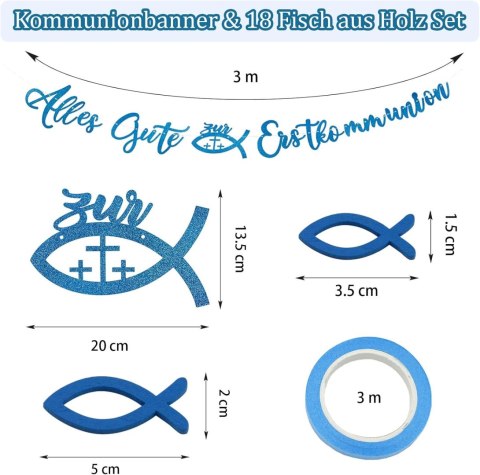ZESTAW DEKORACJI PIERWSZA KOMUNIA PO NIEMIECKU NIEBIESKI GIRLANDA