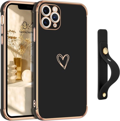 CZARNE ETUI IPHONE 11 PRO CASE MOCNY ZŁOTE RAMKI SERCE UCHWYT