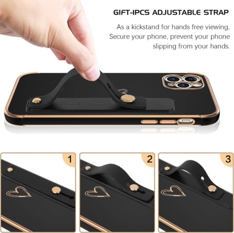 CZARNE ETUI IPHONE 11 PRO CASE MOCNY ZŁOTE RAMKI SERCE UCHWYT