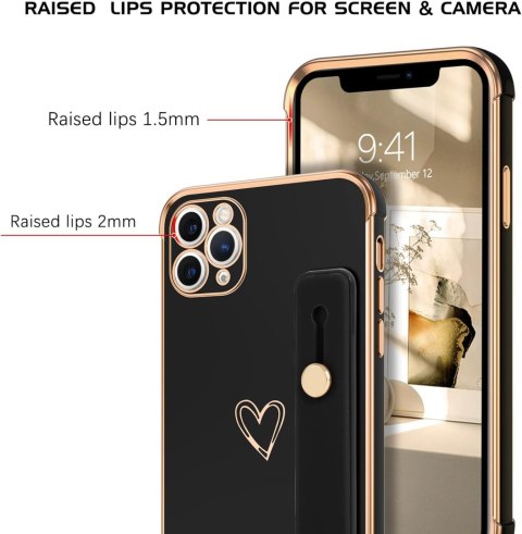 CZARNE ETUI IPHONE 11 PRO CASE MOCNY ZŁOTE RAMKI SERCE UCHWYT