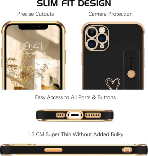 CZARNE ETUI IPHONE 11 PRO CASE MOCNY ZŁOTE RAMKI SERCE UCHWYT