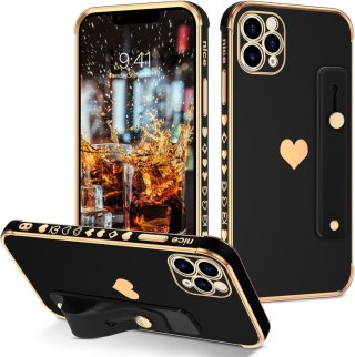 CZARNE ETUI IPHONE 12 PRO 6.1' ZŁOTE SERCE RAMKA +UCHWYT A2341 A2406