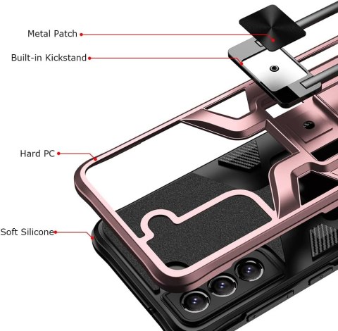 ETUI PANCERNE SAMSUNG GALAXY S21 FE 5G RÓŻOWE CZARNE WZMOCNIONE Z PODSTAWKĄ
