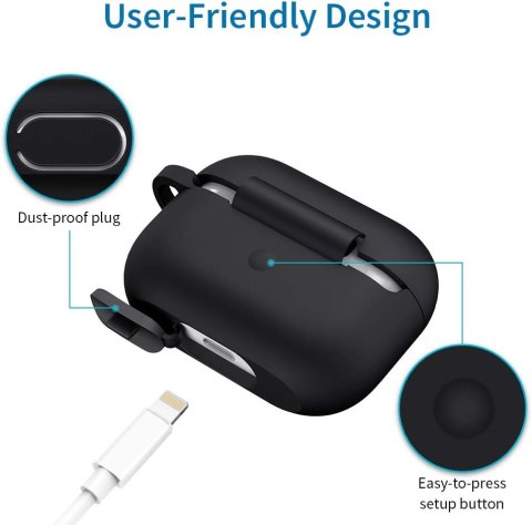 ETUI CASE AIRPODS PRO 2019 CZARNE SILIKONOWE WYTRZYMAŁE +KARABIŃCZYK