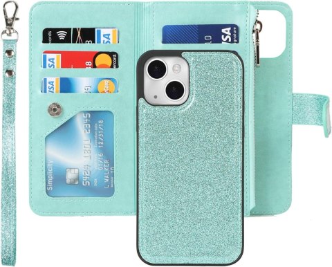 ETUI APPLE IPHONE 13 ZIELONE BŁYSZCZĄCE PORTFEL NA ZAMEK Z KLAPKĄ +SMYCZ